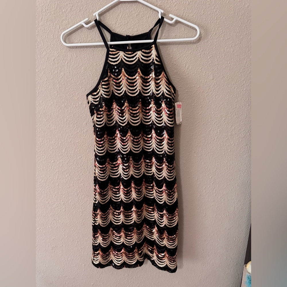 Midnight Doll Black Sequin Wave Dress with Rose Gold Accents